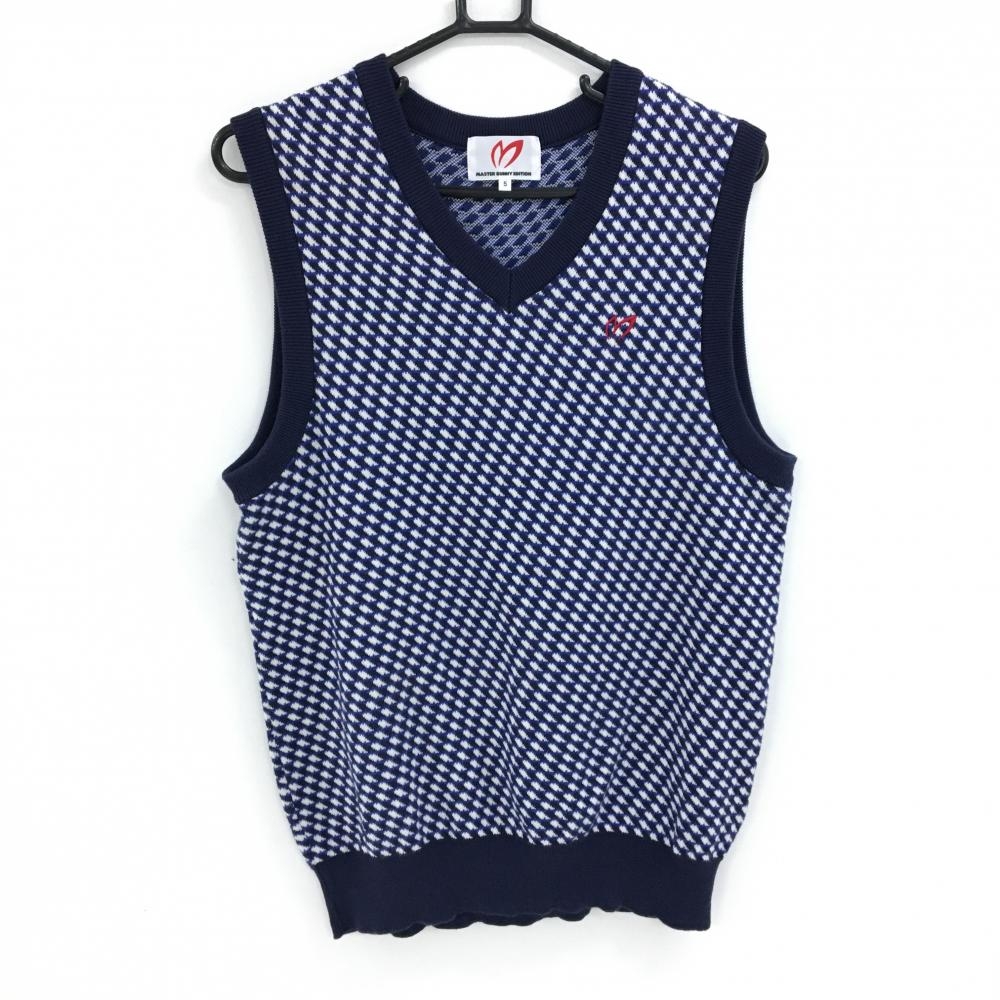 【美品】マスターバニー ニットベスト ネイビー×白 総柄 胸ロゴ コットン100％ メンズ 5(L) ゴルフウェア MASTER BUNNY EDITION
