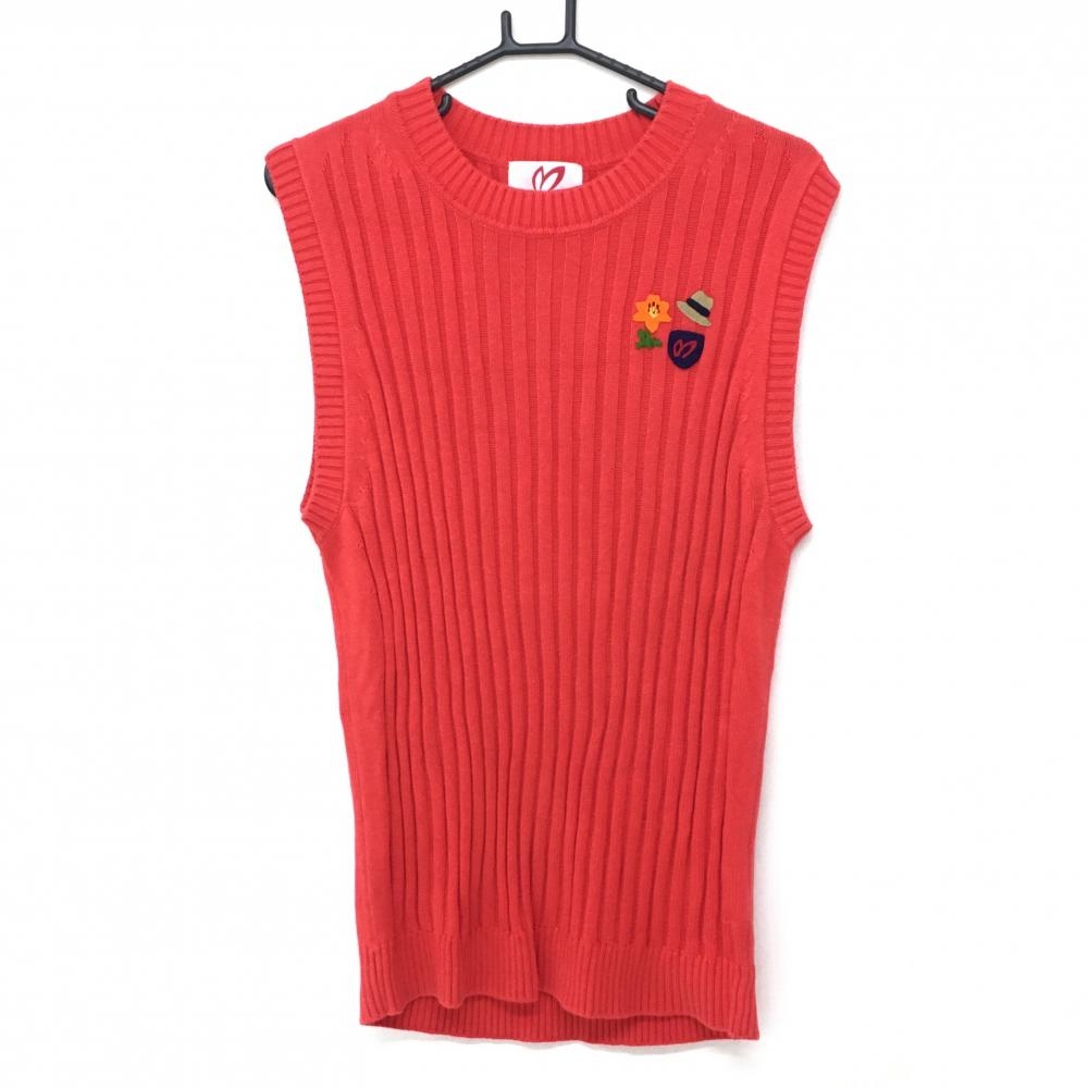 【超美品】マスターバニー ニットベスト レッド 胸元ワッペン コットン・カシミヤ混 メンズ 6(XL) ゴルフウェア MASTER BUNNY EDITION