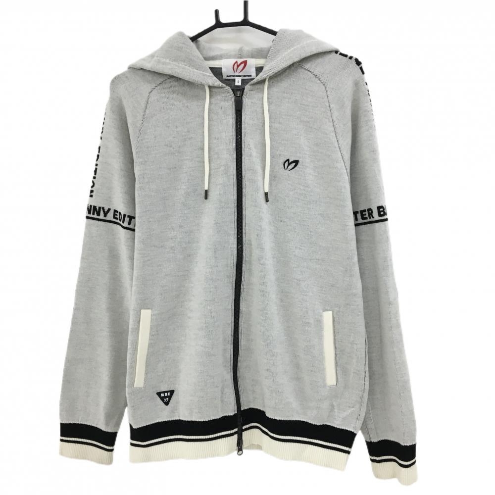 【美品】マスターバニー ニットジップパーカー 白×黒 袖フードロゴ ウール混 ブルゾン メンズ 6(XL) ゴルフウェア MASTER BUNNY EDITION