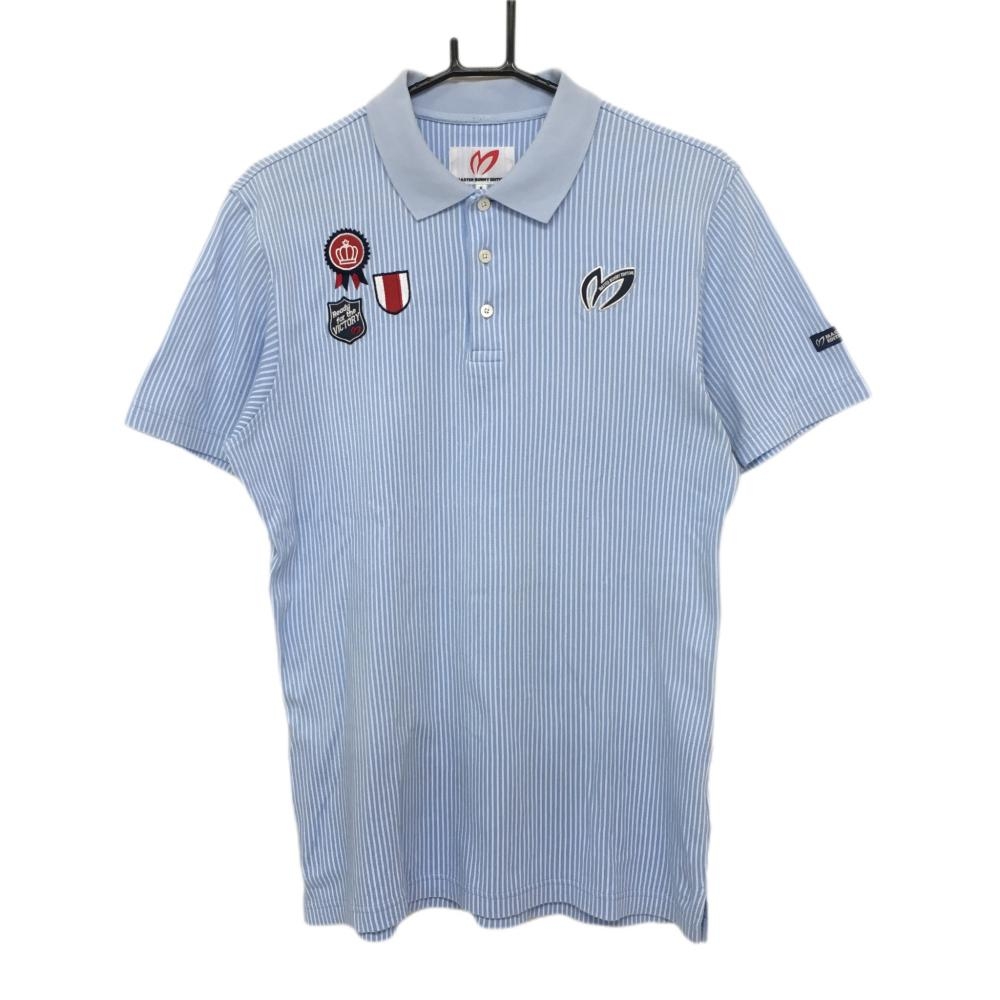 マスターバニー 半袖ポロシャツ ライトブルー×白 ストライプ 複数ワッペン メンズ 5(L) ゴルフウェア MASTER BUNNY EDITION
