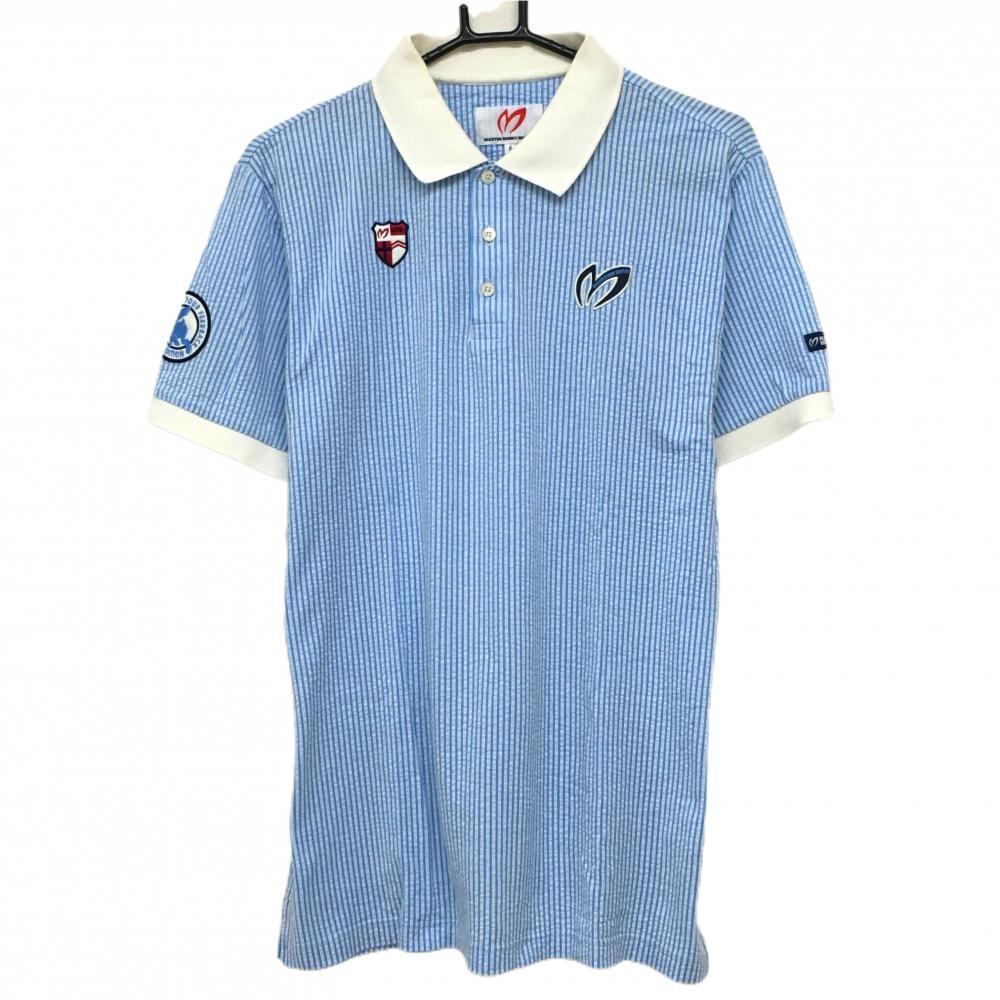 マスターバニー 半袖ポロシャツ 白×ライトブルー ストライプ サッカー生地 メンズ 6(XL) ゴルフウェア MASTER BUNNY EDITION