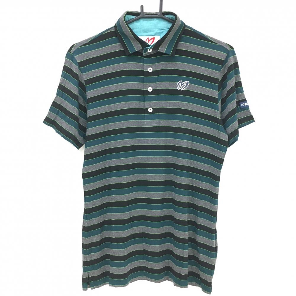 【超美品】マスターバニー 半袖ポロシャツ 杢グレー×グリーン×黒 ボーダー 胸元ロゴ メンズ 4(M) ゴルフウェア MASTER BUNNY EDITION