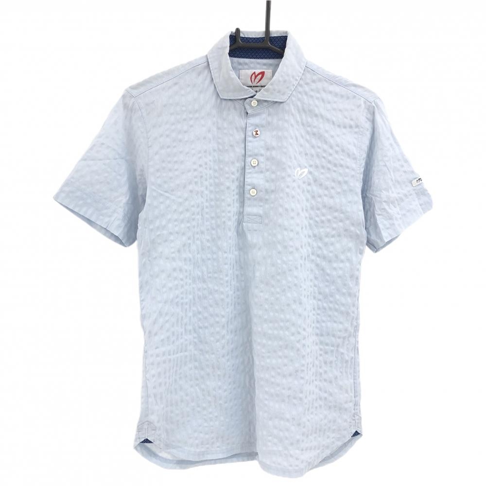 【美品】マスターバニー 半袖ポロシャツ　ライトブルー 凸凹織生地 細ストライプ メンズ 4(M) ゴルフウェア MASTER BUNNY EDITION