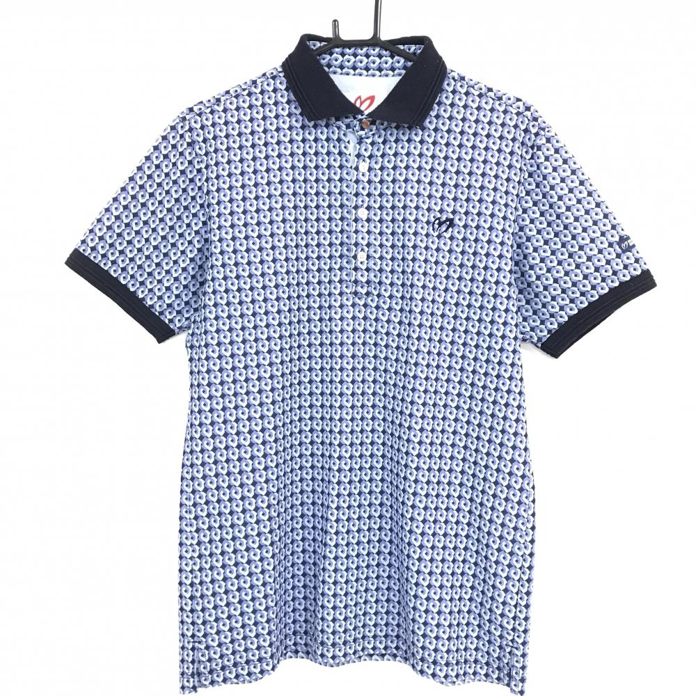 マスターバニー 半袖ポロシャツ ダークネイビー×パープル系 総柄 襟裏ロゴ メンズ 5(L) ゴルフウェア MASTER BUNNY EDITION