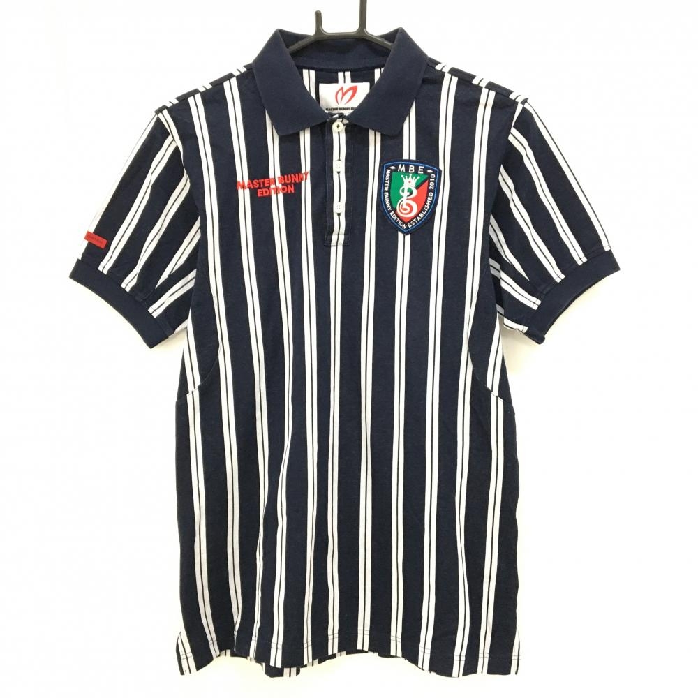 マスターバニー 半袖ポロシャツ ネイビー×白 ストライプ 胸ロゴ メンズ 4(M) ゴルフウェア MASTER BUNNY EDITION
