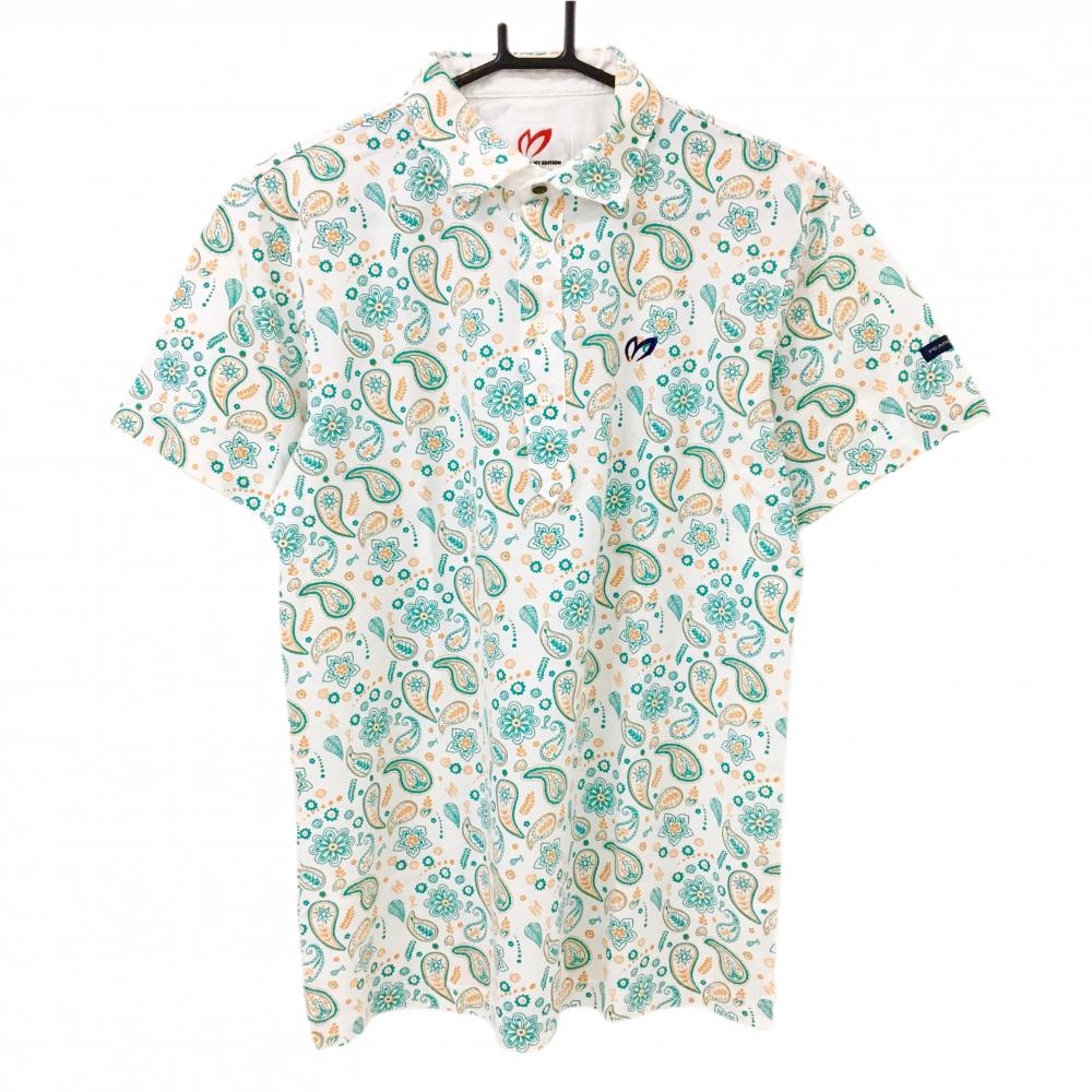 【超美品】マスターバニー 半袖ポロシャツ 白×グリーン×オレンジ ペーズリー総柄 メンズ 5(L) ゴルフウェア MASTER BUNNY EDITION