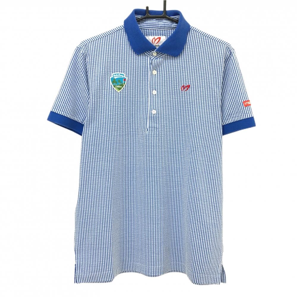 【美品】マスターバニー 半袖ポロシャツ ライトブルー系×白系 ストライプ サッカー生地 メンズ 6(XL) ゴルフウェア MASTER BUNNY EDITION