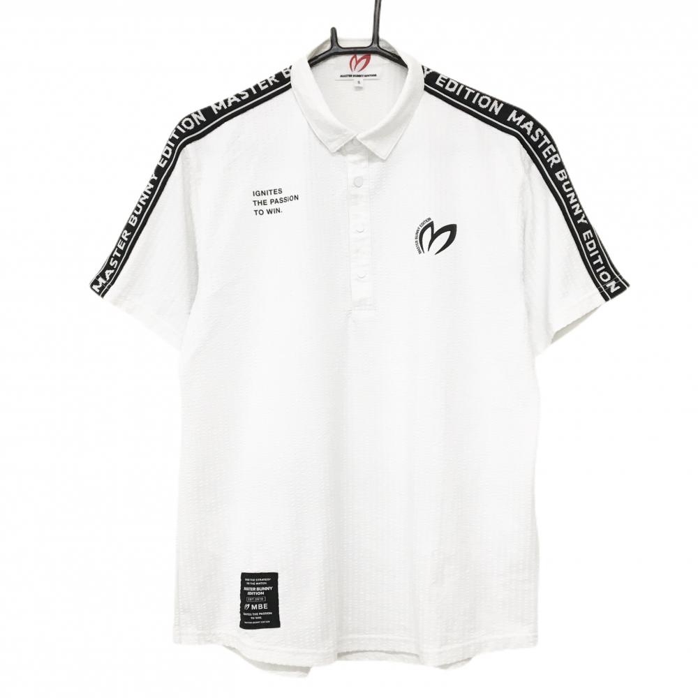 【美品】マスターバニー 半袖ポロシャツ 白×黒 ストライプ サッカー生地 スナップボタン メンズ 5(L) ゴルフウェア MASTER BUNNY EDITION