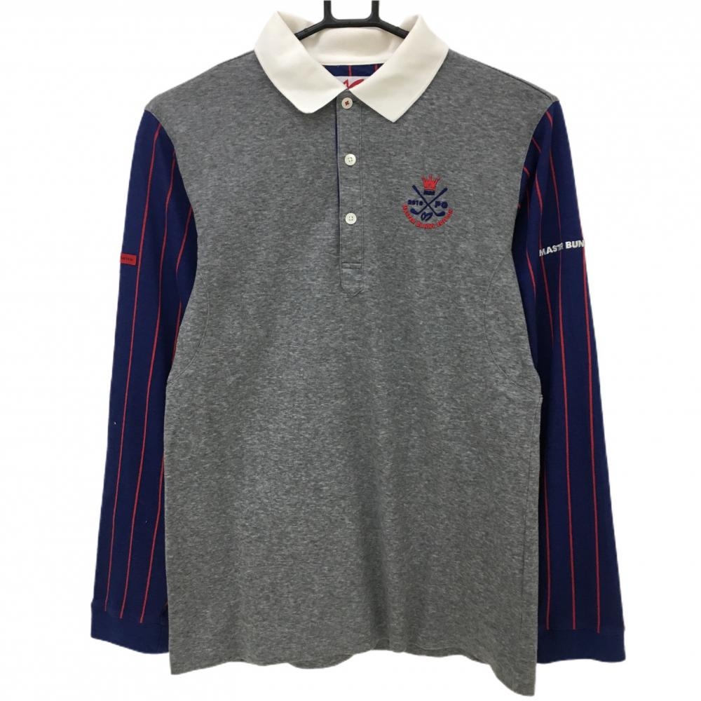 【美品】マスターバニー 長袖ポロシャツ 杢グレー×ブルー×レッド 袖ストライプ  メンズ 4(M) ゴルフウェア MASTER BUNNY EDITION