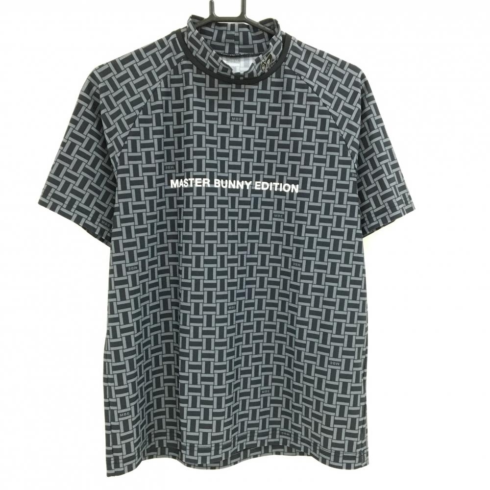 【超美品】マスターバニー 半袖ハイネックシャツ ネイビー×グレー 総柄 ストレッチ メンズ 5(L) ゴルフウェア MASTER BUNNY EDITION