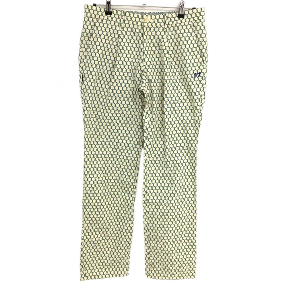 【美品】マスターバニー パンツ ライトイエロー×グリーン 総柄 ウエスト裏メッシュ メンズ 4(M) ゴルフウェア MASTER BUNNY EDITION