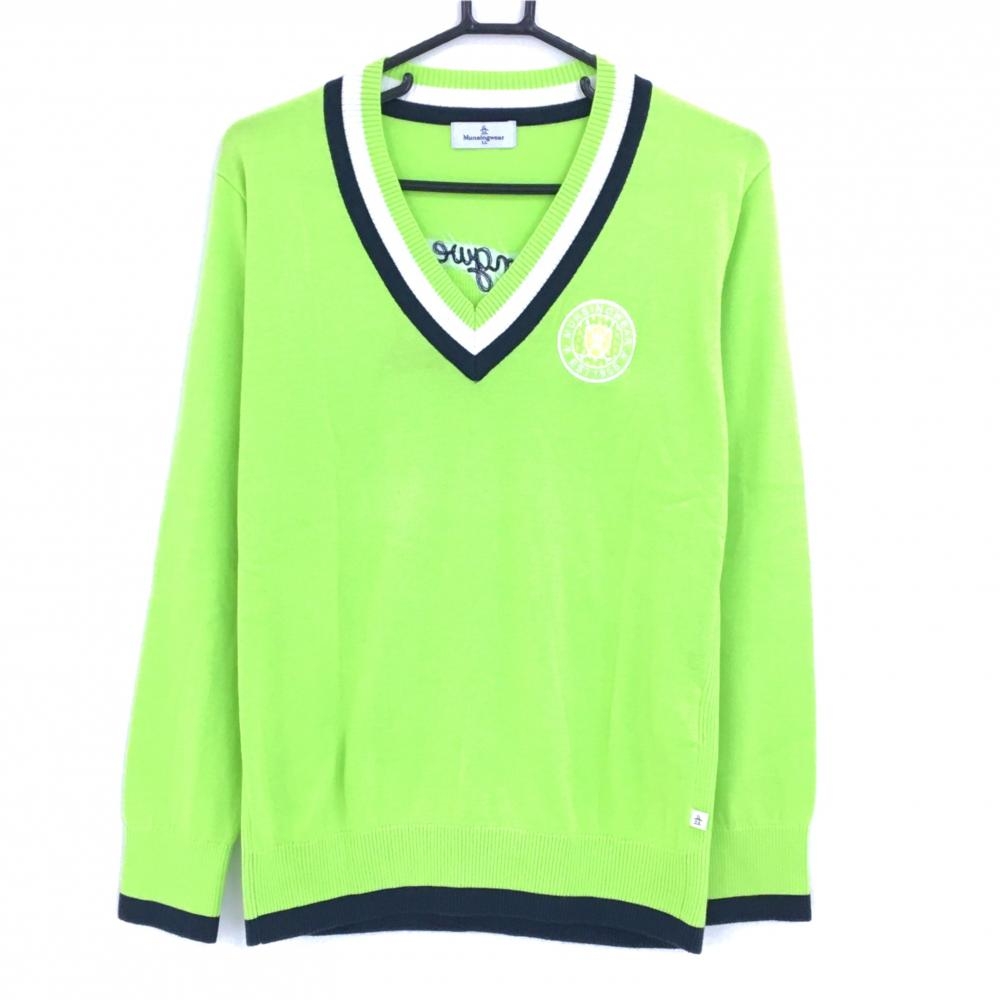 【美品】マンシングウェア セーター ライトグリーン×ネイビー ロゴ刺しゅう メンズ LL ゴルフウェア Munsingwear