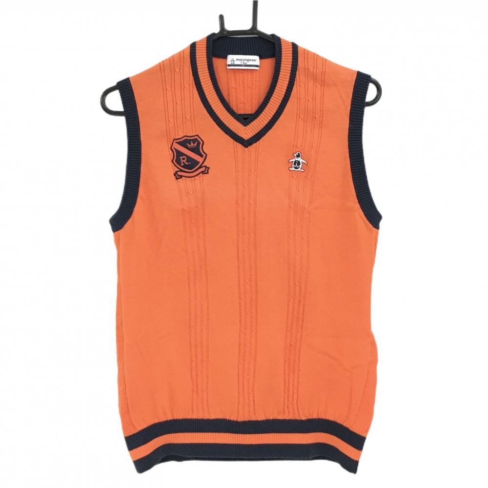 【美品】マンシングウェア ニットベスト オレンジ×ネイビー ケーブル編み コットン混  メンズ L ゴルフウェア Munsingwear