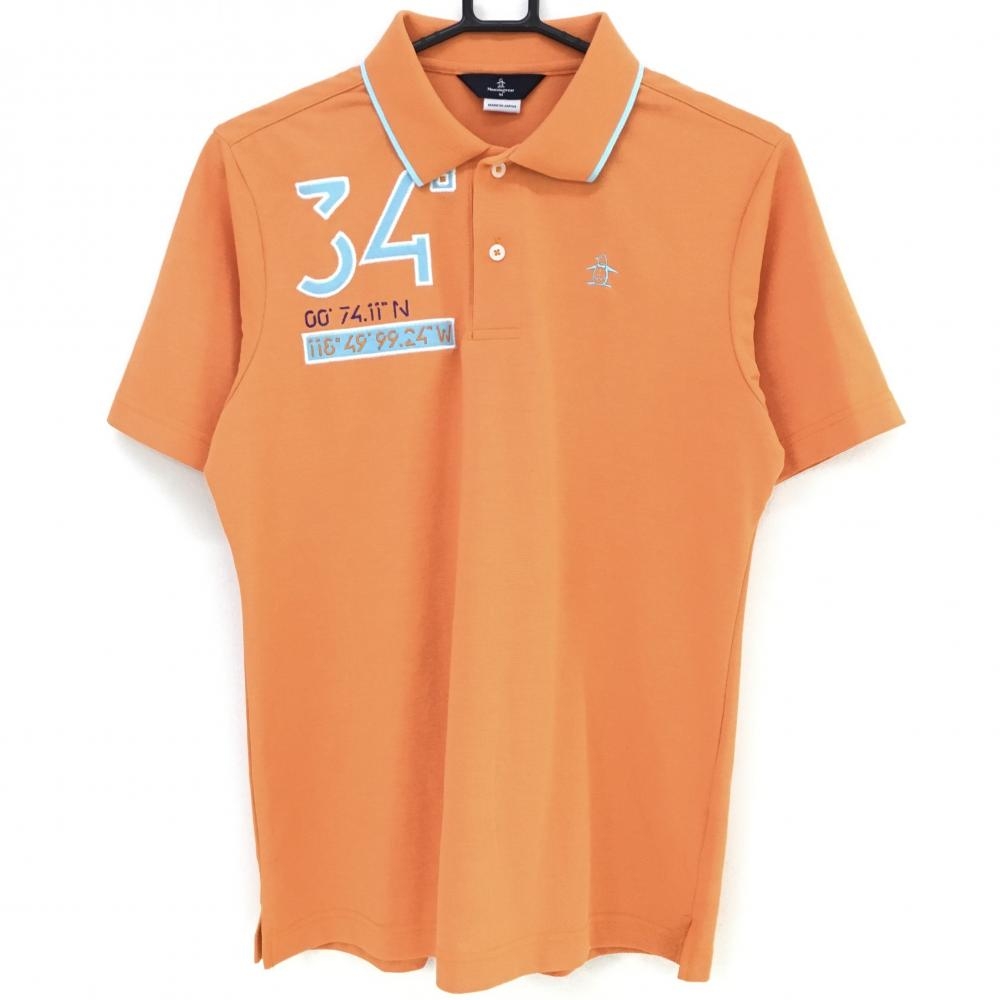 【超美品】マンシングウェア 半袖ポロシャツ オレンジ×ライトブルー 襟裏プリント 日本製 メンズ M ゴルフウェア Munsingwear