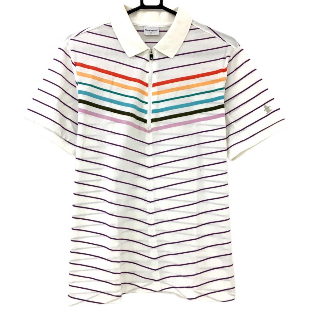 マンシングウェア 半袖ポロシャツ 白×パープル ボーダー調 ハーフジップ 袖ロゴ  メンズ LL ゴルフウェア Munsingwear 画像