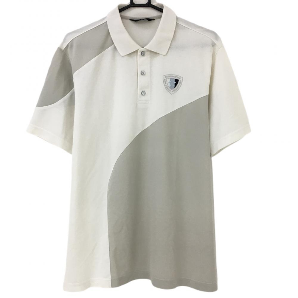 マンシングウェア 半袖ポロシャツ 白×グレー ロゴ刺しゅう  メンズ LL ゴルフウェア Munsingwear 画像