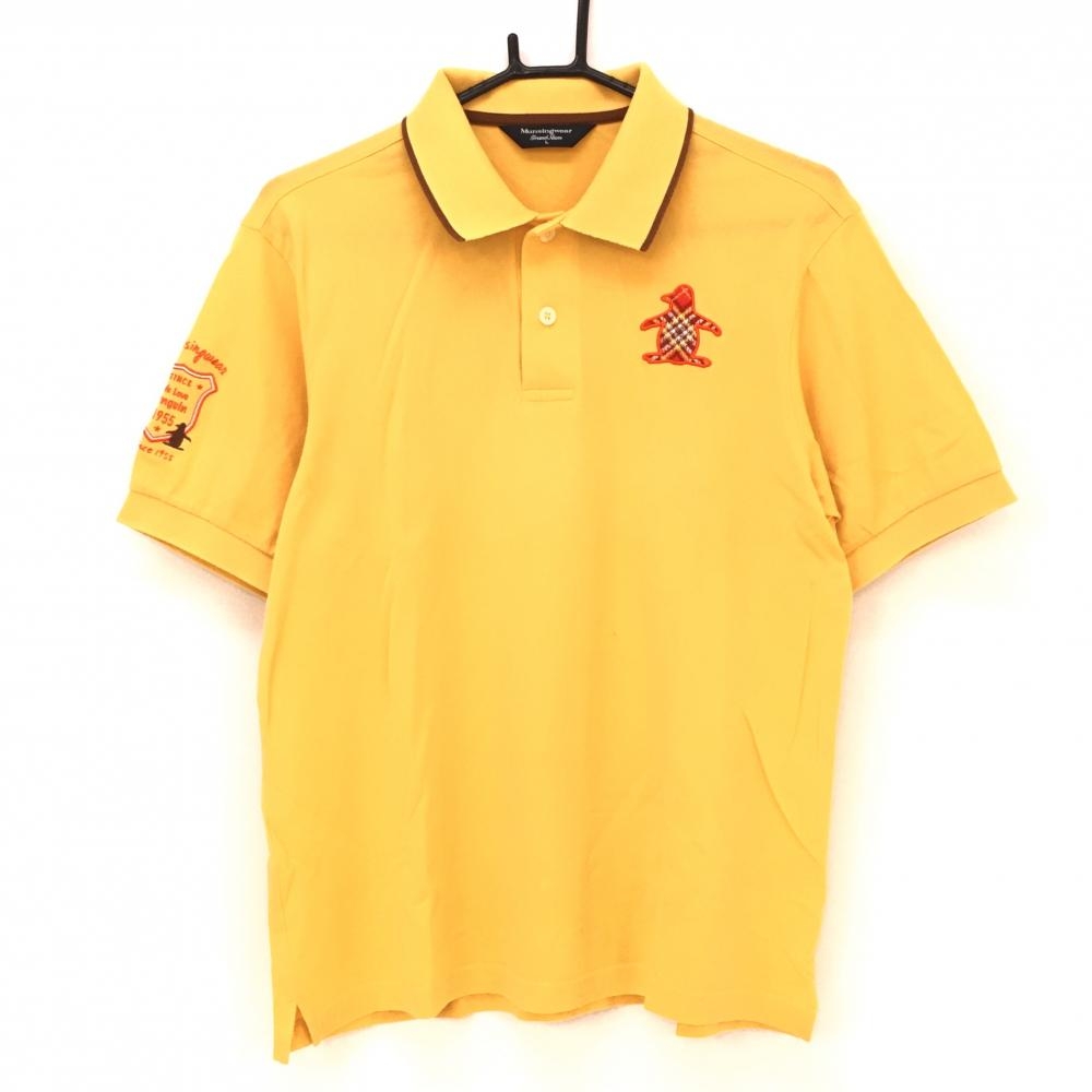 【美品】マンシングウェア 半袖ポロシャツ イエロー×オレンジ 胸元ロゴ 襟裏ボーダー メンズ L ゴルフウェア Munsingwear 画像