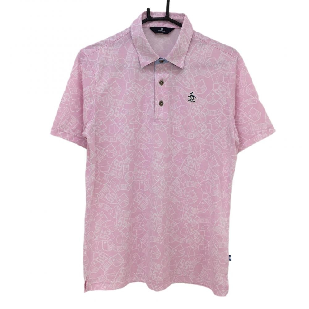 【超美品】マンシングウェア 半袖ポロシャツ ピンク×白 総柄 ロゴワッペン メンズ L ゴルフウェア Munsingwear