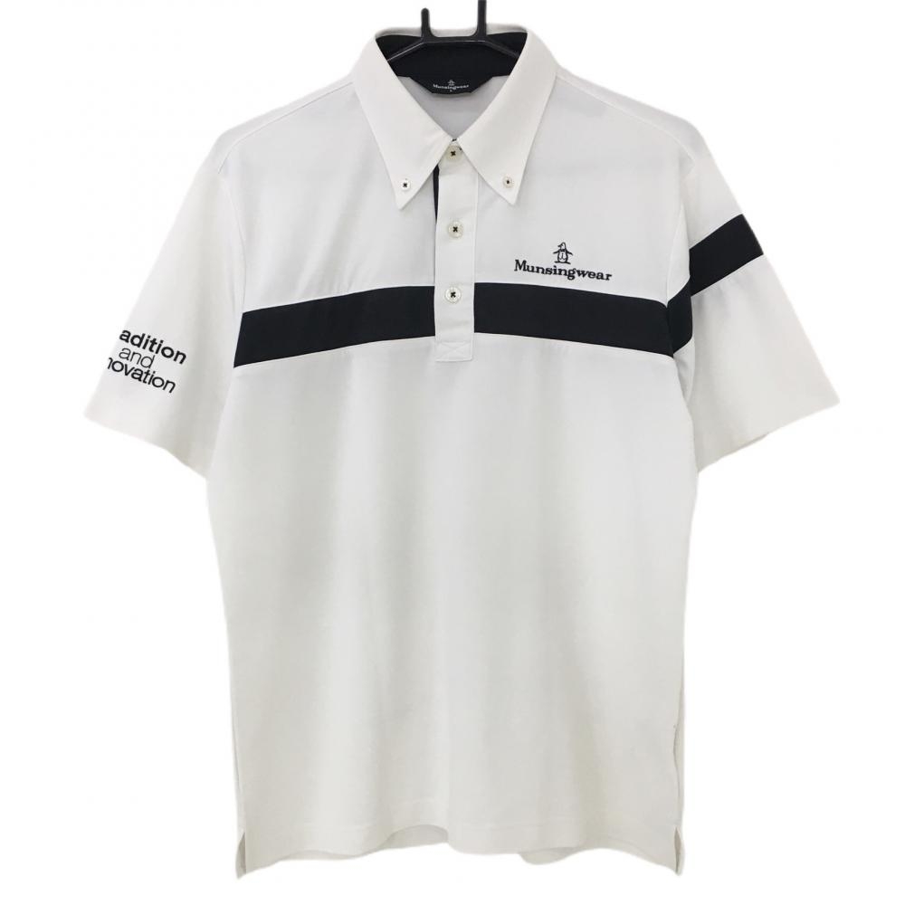 マンシングウェア 半袖ポロシャツ 白×黒 ロゴ刺しゅう 胸ライン ボタンダウン  メンズ L ゴルフウェア Munsingwear