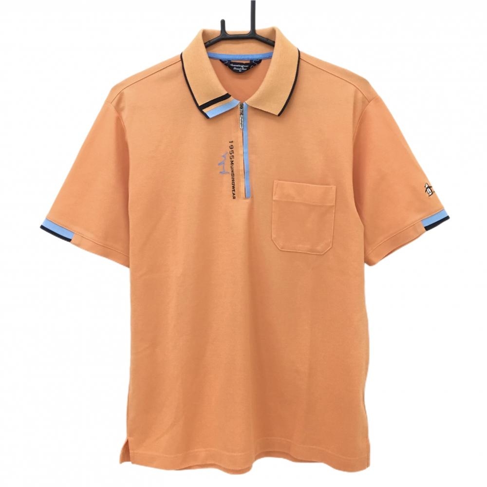 マンシングウェア 半袖ポロシャツ オレンジ×ライトブルー ロゴ刺しゅう ハーフジップ メンズ M ゴルフウェア Munsingwear