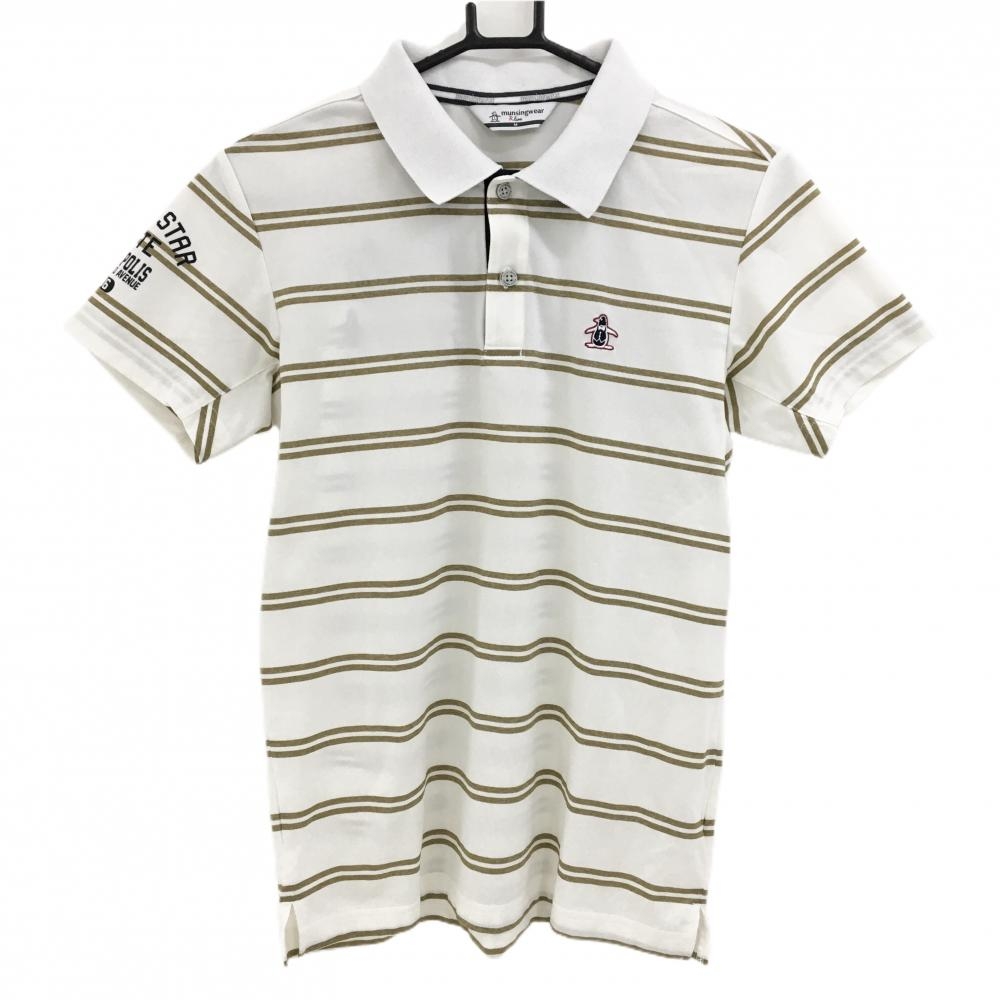 マンシングウェア 半袖ポロシャツ 白×ブラウン ボーダー ロゴ刺しゅう メンズ M ゴルフウェア Munsingwear