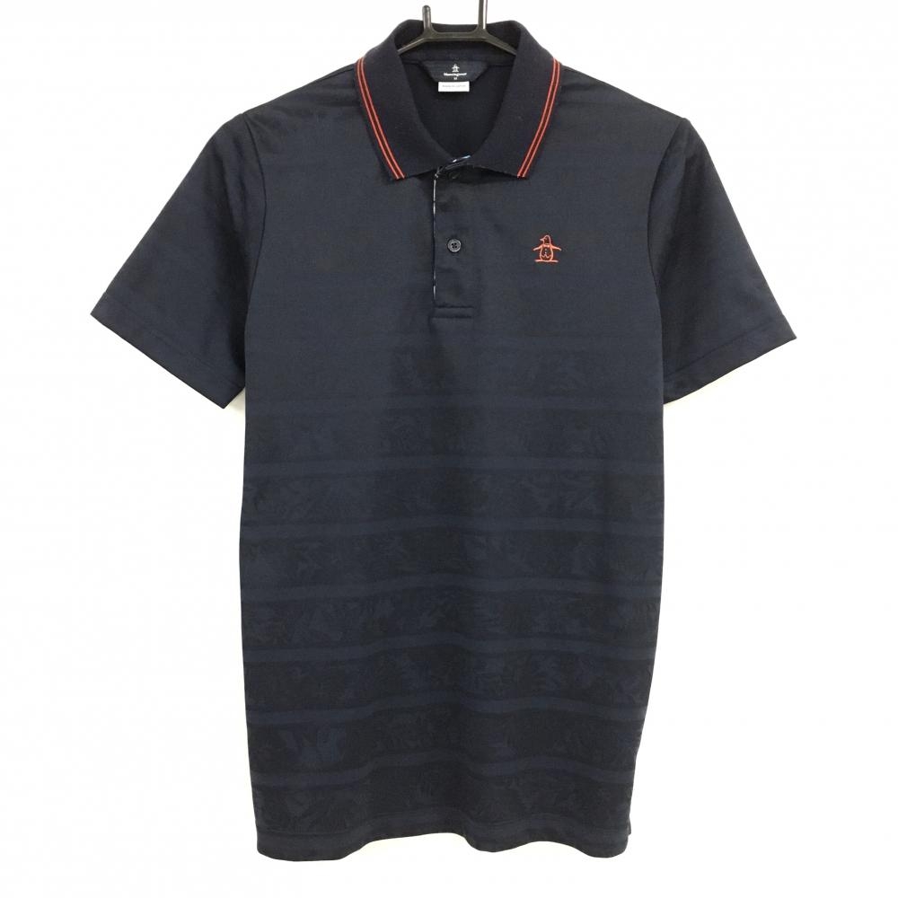 マンシングウェア 半袖ポロシャツ ネイビー リーフ柄地模様 ロゴレッド  メンズ M ゴルフウェア Munsingwear