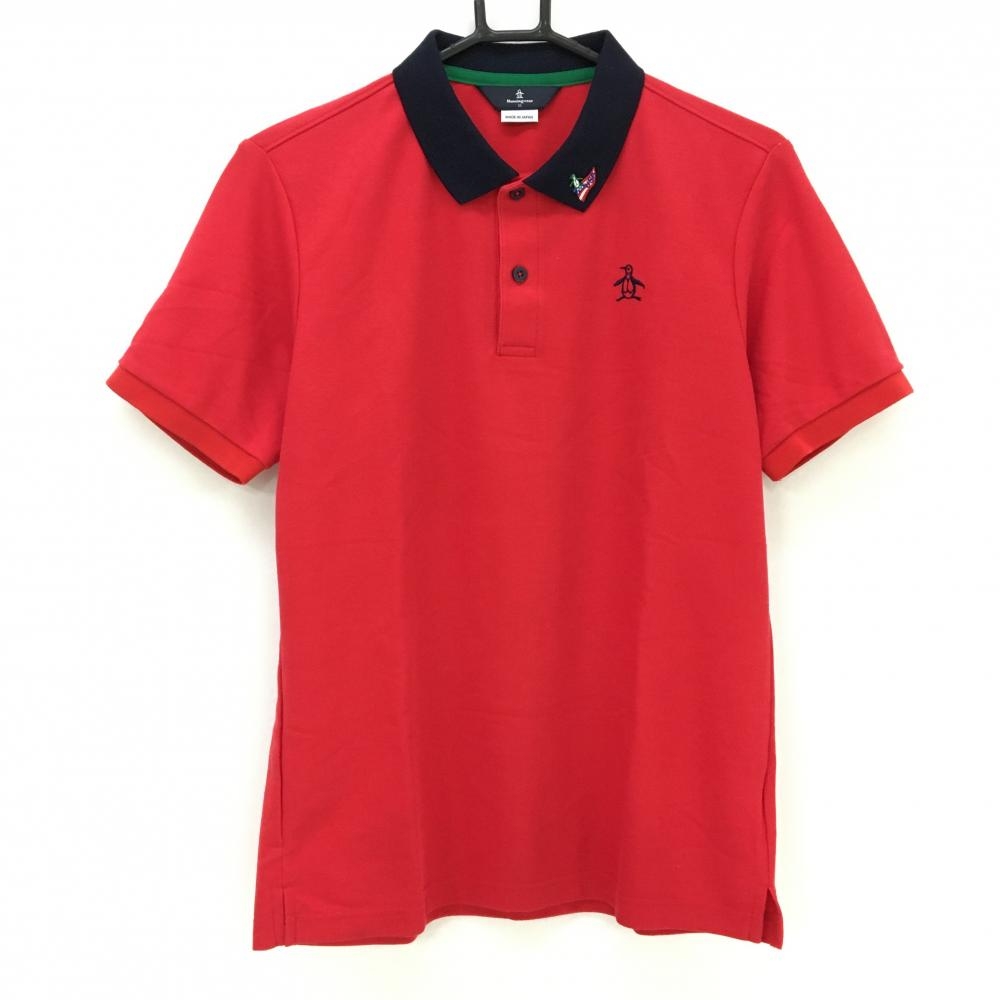 【美品】マンシングウェア 半袖ポロシャツ レッド×ネイビー 襟刺しゅう メンズ M ゴルフウェア Munsingwear