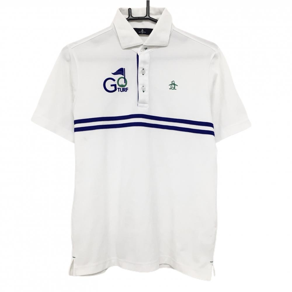 【美品】マンシングウェア 半袖ポロシャツ 白×ブルー 胸ライン  メンズ M ゴルフウェア Munsingwear