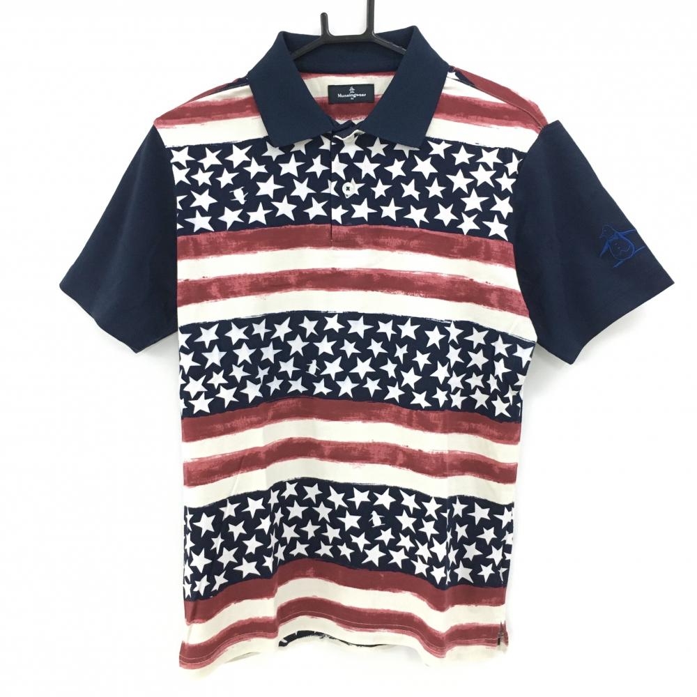 マンシングウェア 半袖ポロシャツ ネイビー×レッド 星柄 ボーダー調  メンズ M ゴルフウェア Munsingwear