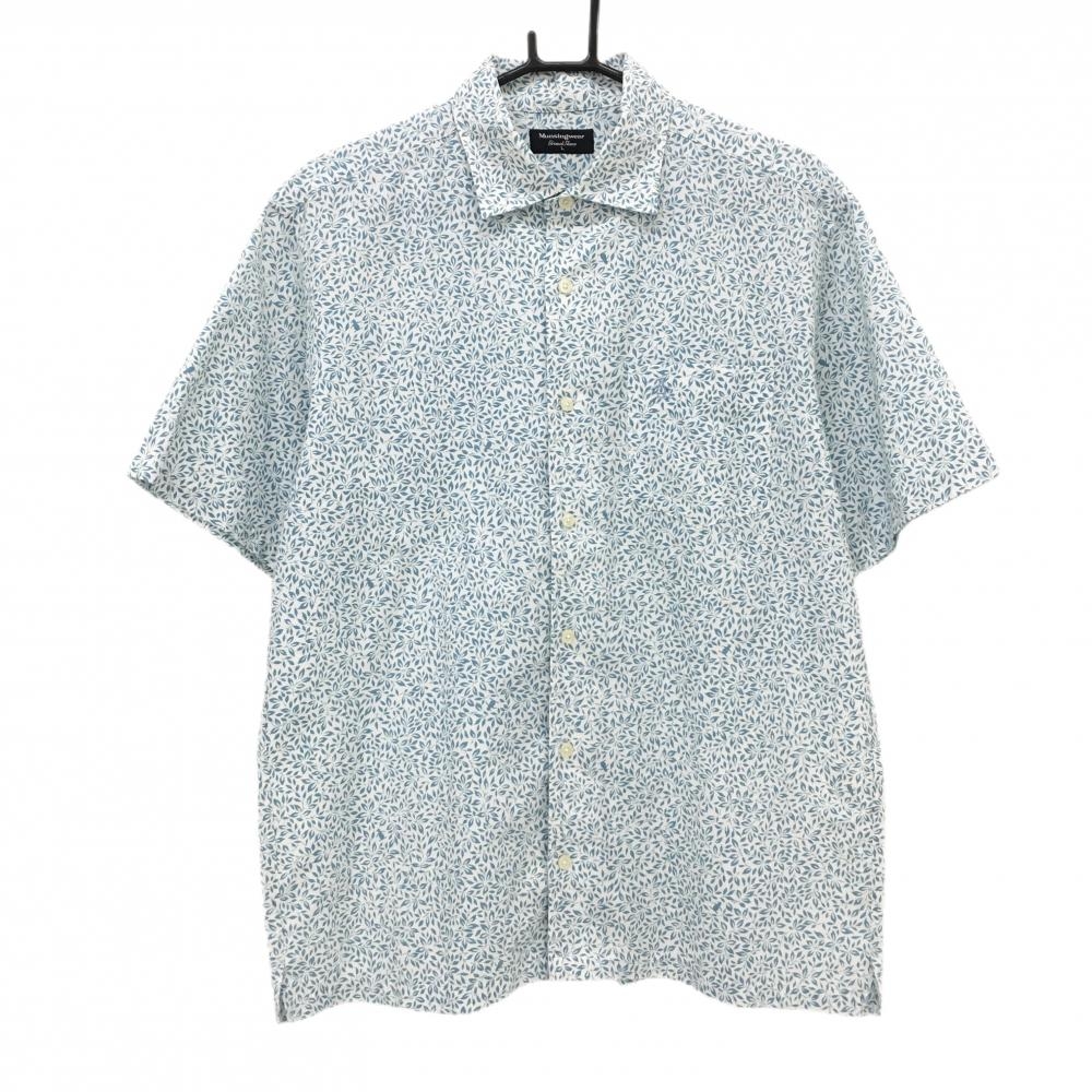 【超美品】マンシングウェア 半袖ポロシャツ 白×ライトブルー 総柄 メンズ L ゴルフウェア Munsingwear