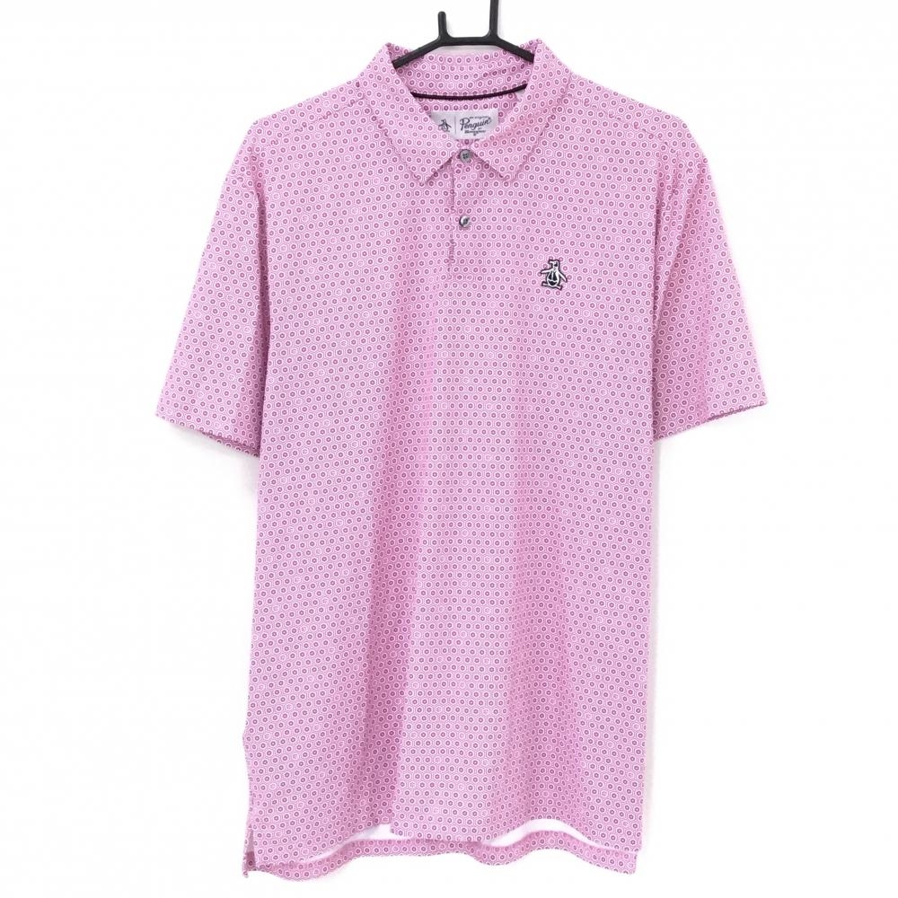 【超美品】マンシングウェア 半袖ポロシャツ ピンク×白 花小紋柄 ワッペン  メンズ L/G ゴルフウェア Munsingwear