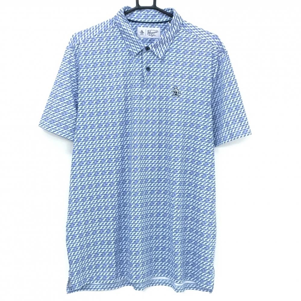 【超美品】マンシングウェア 半袖ポロシャツ 白×ブルー 総柄 ワッペン メンズ L/G ゴルフウェア Munsingwear