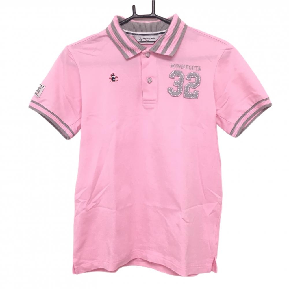 【美品】マンシングウェア 半袖ポロシャツ ピンク ワッペン ペンギン刺しゅう メンズ M ゴルフウェア Munsingwear
