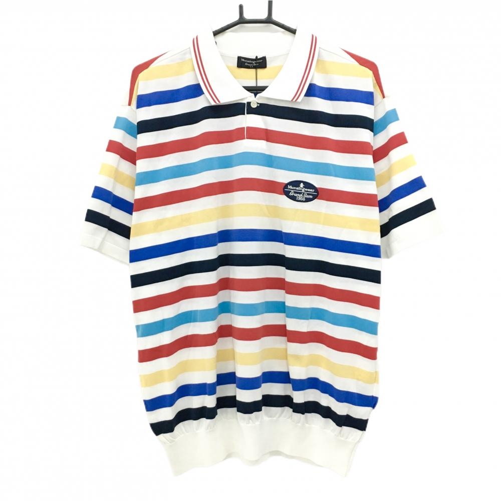 【新品】マンシングウェア 半袖ポロシャツ 白×マルチカラー ボーダー ファインドライ メンズ LL ゴルフウェア Munsingwear