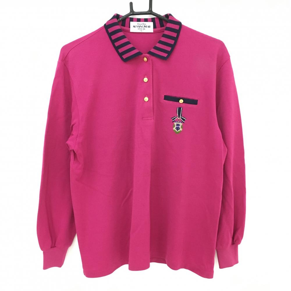 マンシングウェア 長袖ポロシャツ ピンク×ネイビー 胸元刺しゅう 飾りポケット 襟ストライプ  メンズ L ゴルフウェア Munsingwear 画像