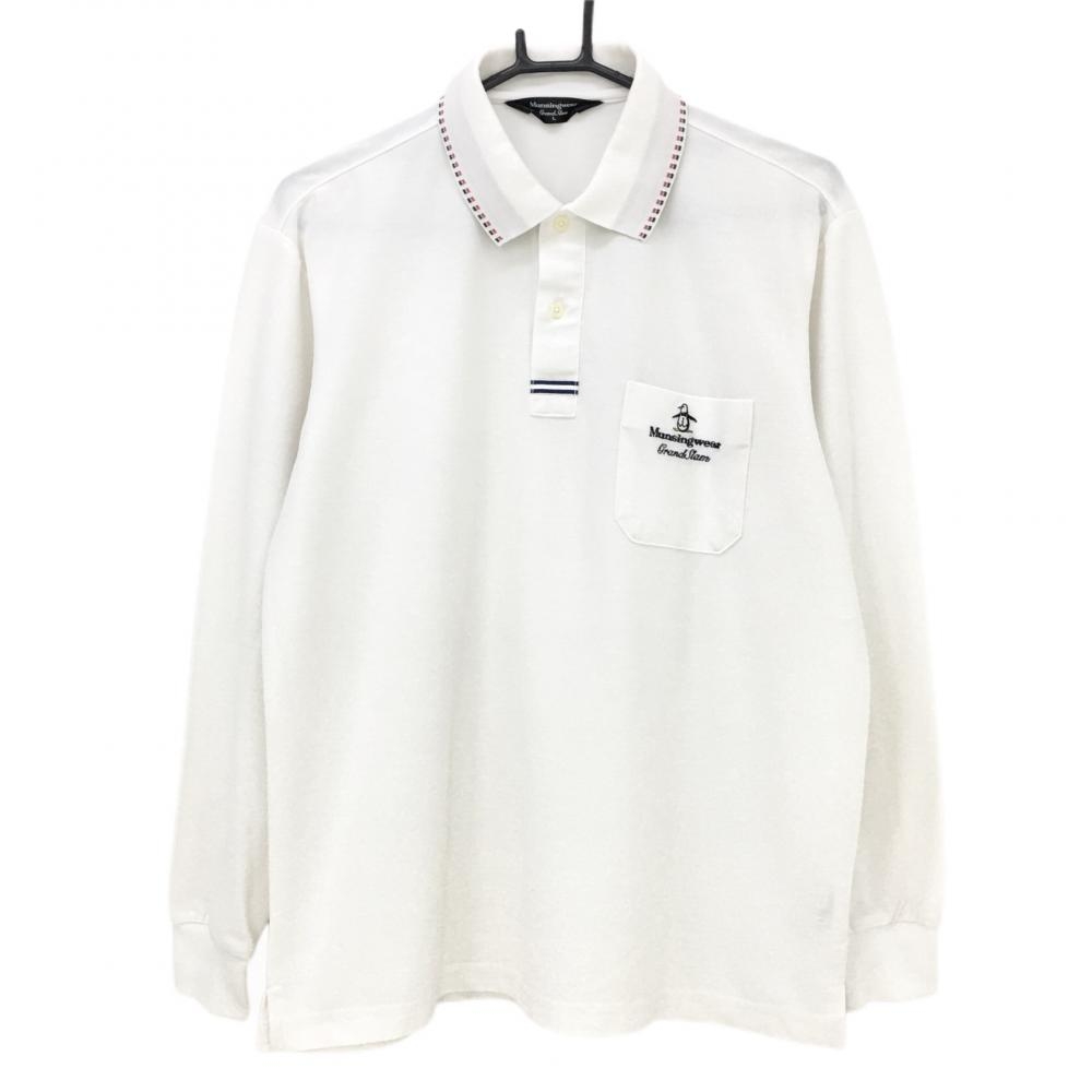 マンシングウェア 長袖ポロシャツ 白×ネイビー 胸ポケット ロゴ刺しゅう  メンズ L ゴルフウェア Munsingwear 画像