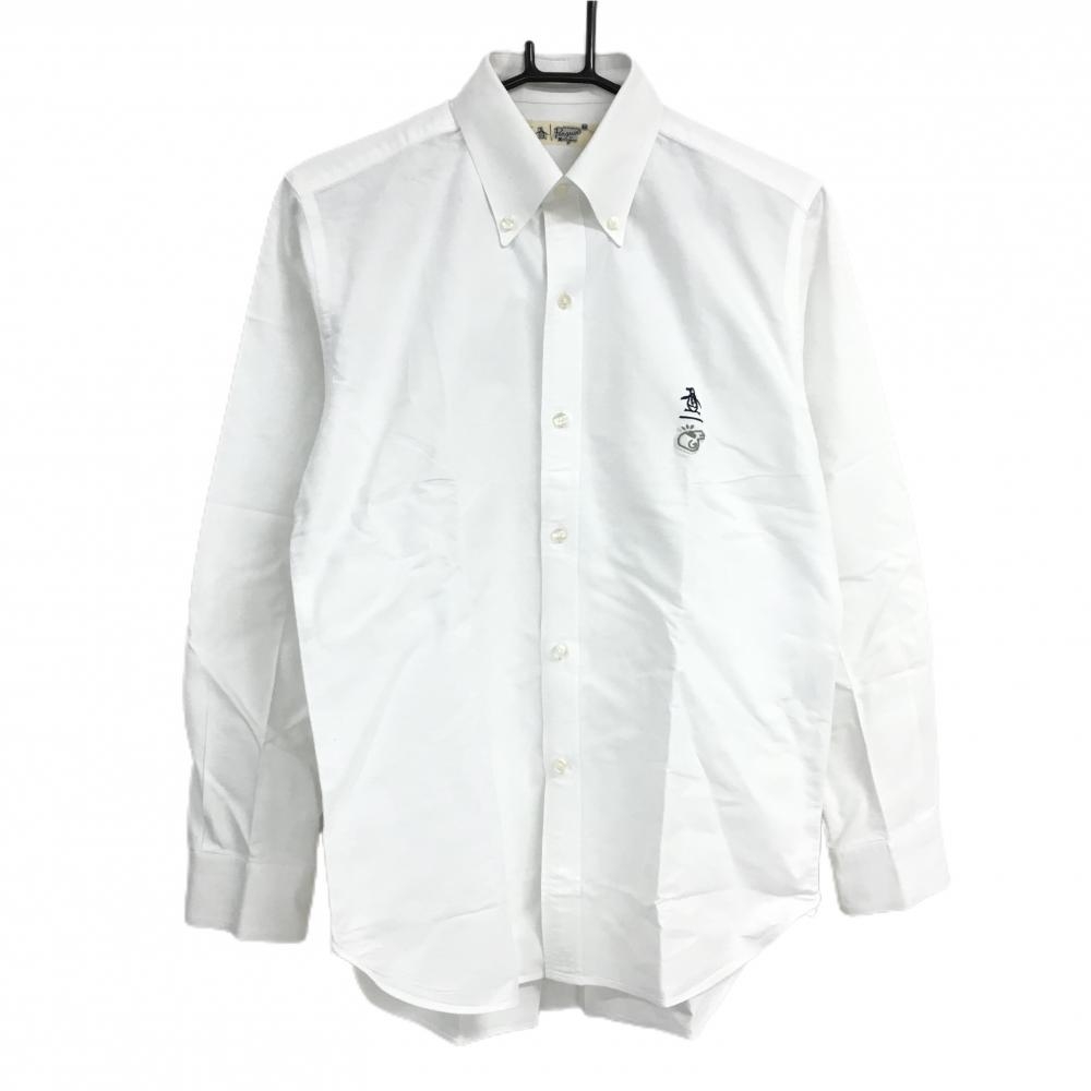 【美品】ペンギンバイマンシングウェア 長袖シャツ 白 胸ロゴ ボタンダウン 綿100％ メンズ M ゴルフウェア Munsingwear