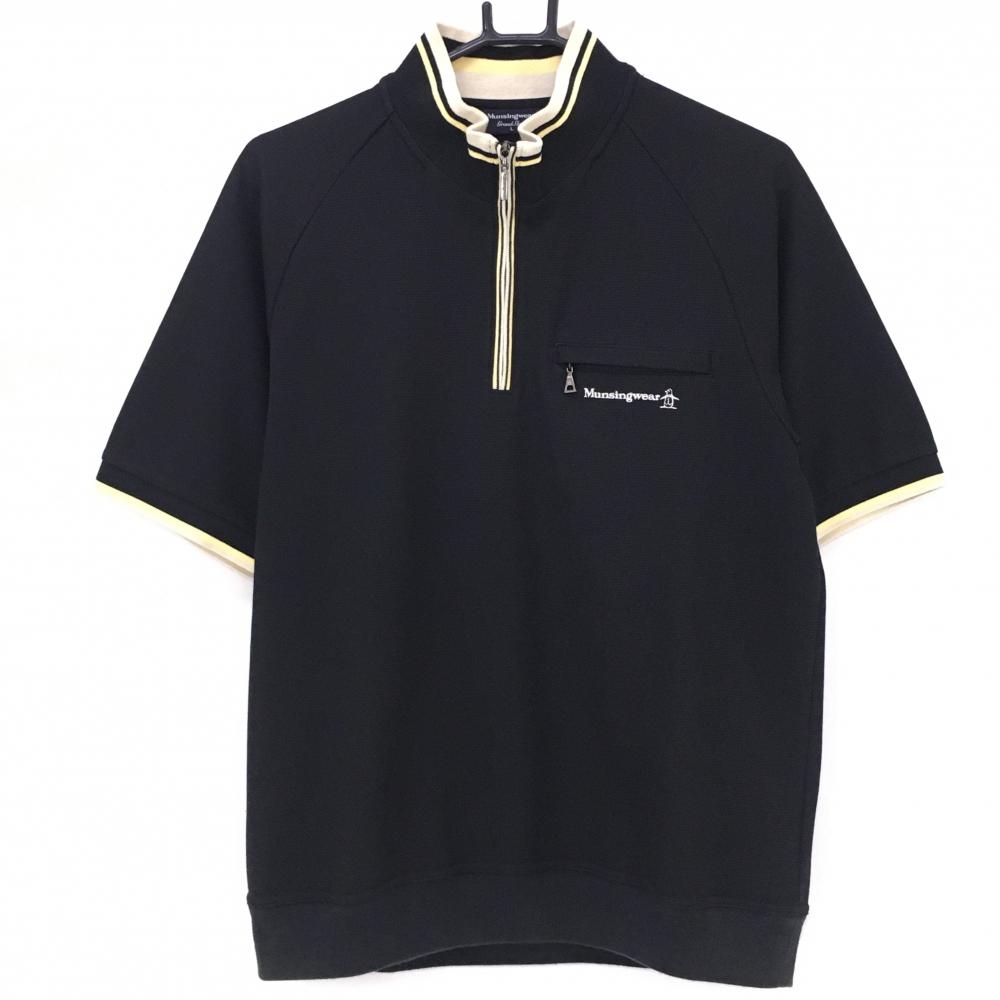 マンシングウェア 半袖ハイネックシャツ 黒×イエロー 凸凹生地 ハーフジップ  メンズ Ｌ ゴルフウェア Munsingwear 画像