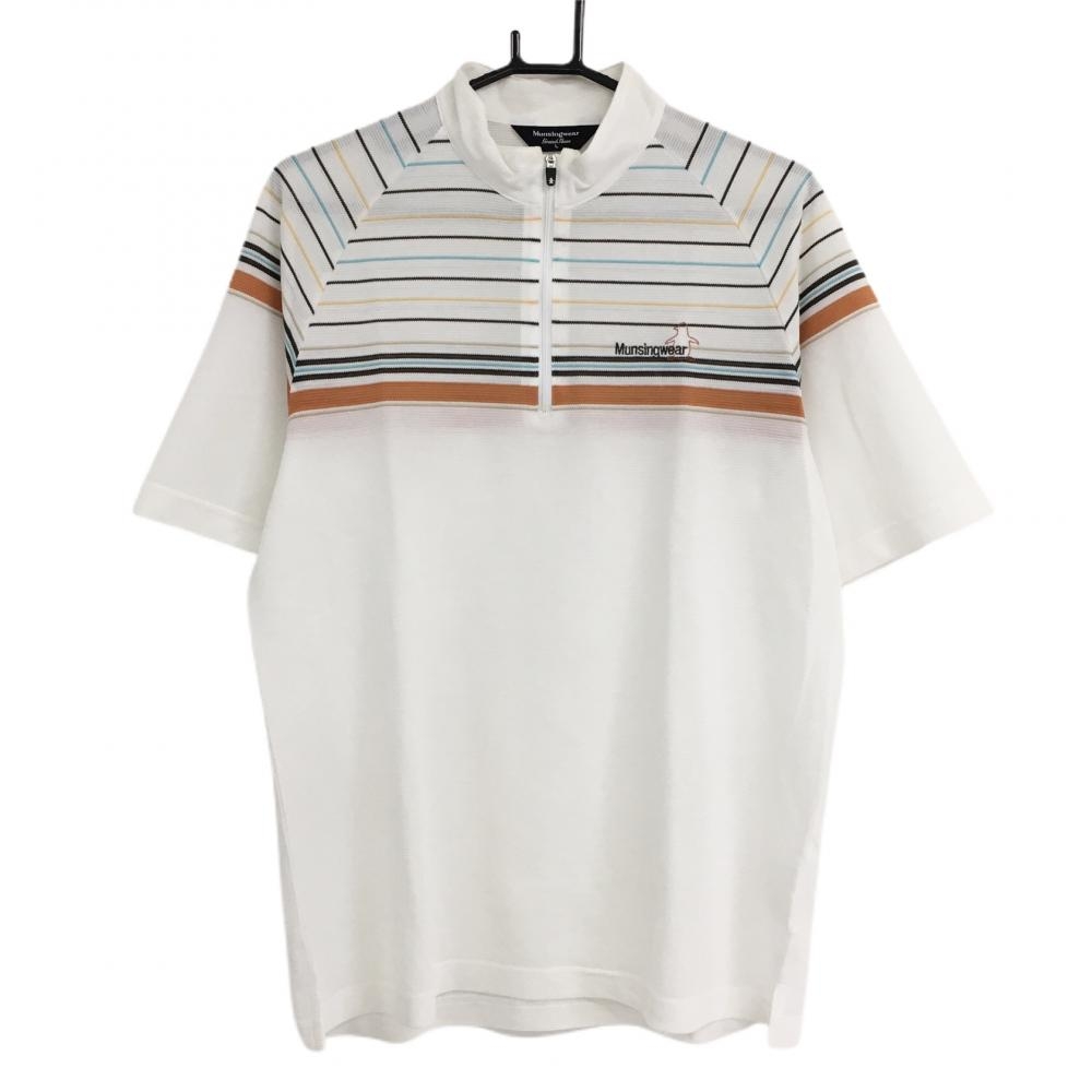 【美品】マンシングウェア 半袖ハイネックシャツ 白×ブラウン 一部ボーダー ハーフジップ  メンズ Ｌ ゴルフウェア Munsingwear 画像