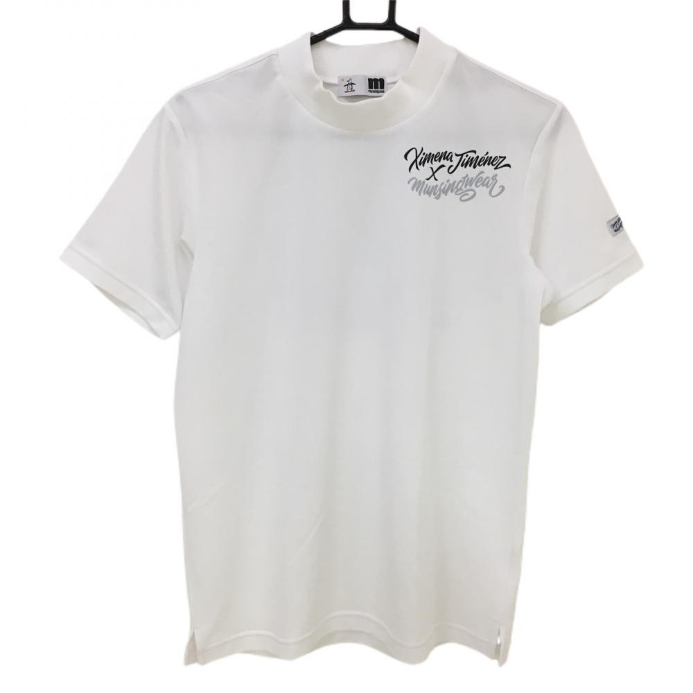 【美品】マンシングウェア 半袖ハイネックシャツ 白 ロゴプリント メンズ M ゴルフウェア Munsingwear 画像