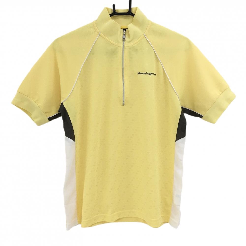 マンシングウェア 半袖ハイネックシャツ イエロー×ダークブラウン ダイヤ柄地模様 ハーフジップ メンズ M ゴルフウェア Munsingwear
