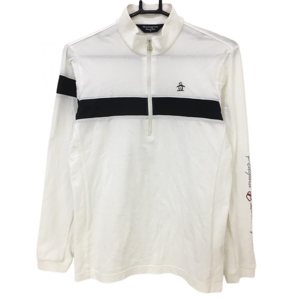 マンシングウェア 長袖ハイネックシャツ 白×黒 ロゴ刺しゅう ハーフジップ メンズ M ゴルフウェア Munsingwear 画像