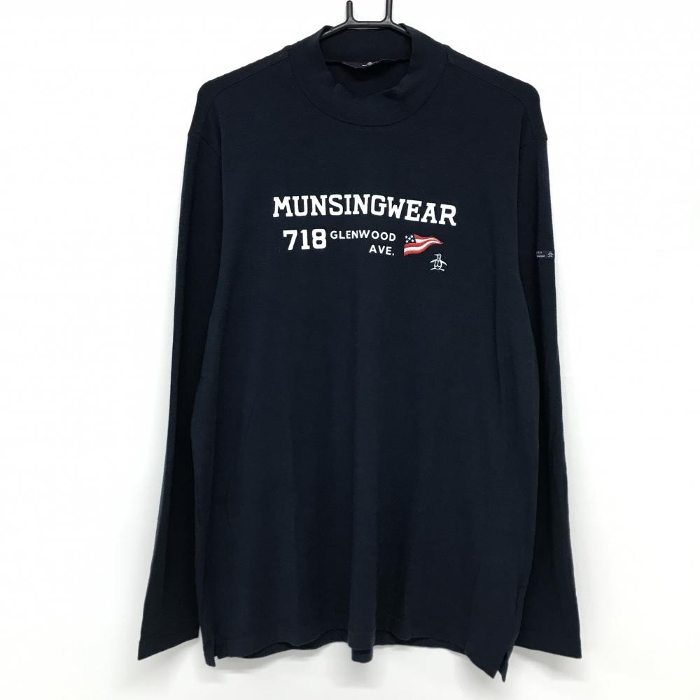 マンシングウェア 長袖ハイネックシャツ ネイビー×白 フロッキーワッペン  メンズ LL ゴルフウェア Munsingwear