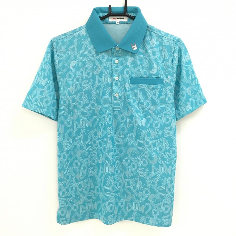 【超美品】MUスポーツ 半袖ポロシャツ ライトブルー×白 総柄 襟ロゴいぬ メンズ 48(M) ゴルフウェア M・U SPORTS