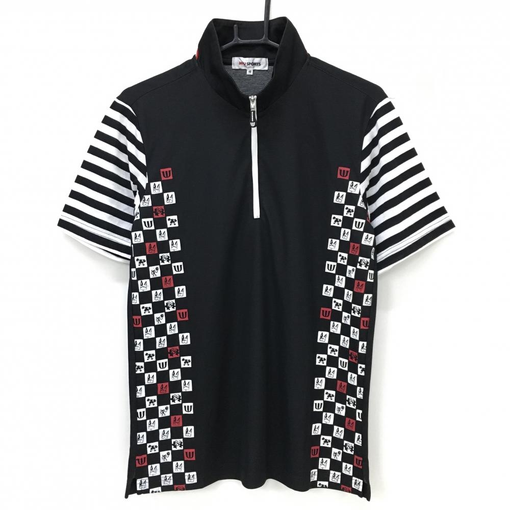 【超美品】MUスポーツ 半袖ハイネックシャツ 黒×白 袖ボーダー ハーフジップ メンズ 48(M) ゴルフウェア M・U SPORTS