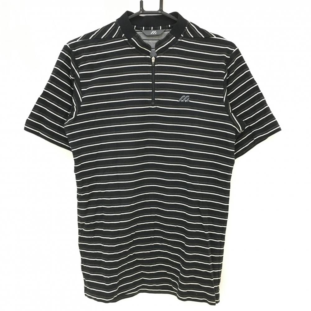 ミズノ 半袖シャツ 黒×白 ボーダー ハーフジップ スタンド襟  メンズ  ゴルフウェア MIZUNO
