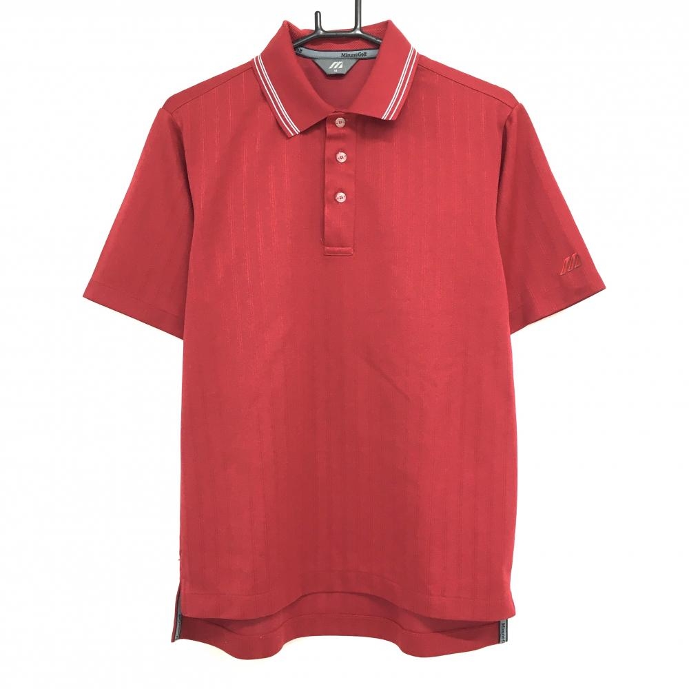 【超美品】ミズノゴルフ 半袖ポロシャツ レッド×白 ストライプ織生地 襟ライン メンズ M ゴルフウェア MIZUNO