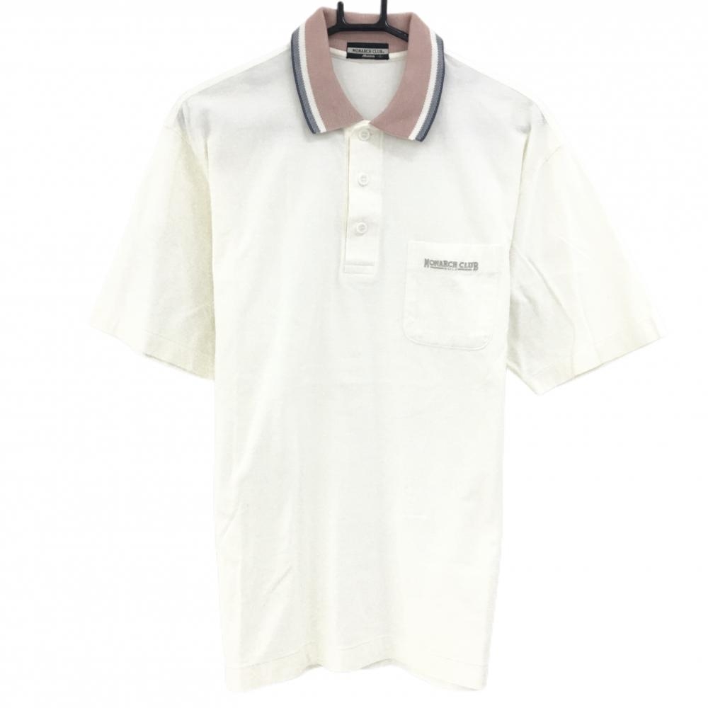 【美品】ミズノ 半袖ポロシャツ 白 襟レッド系 胸ポケット MONARCH CLUB メンズ S ゴルフウェア MIZUNO
