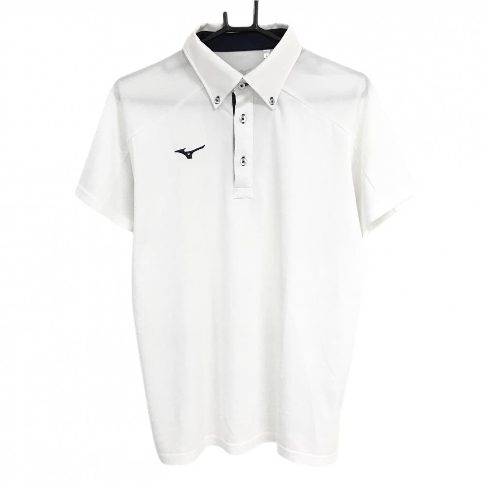 【美品】ミズノ 半袖ポロシャツ 白×ダークネイビー ロゴ刺しゅう ボタンダウン メンズ L ゴルフウェア MIZUNO