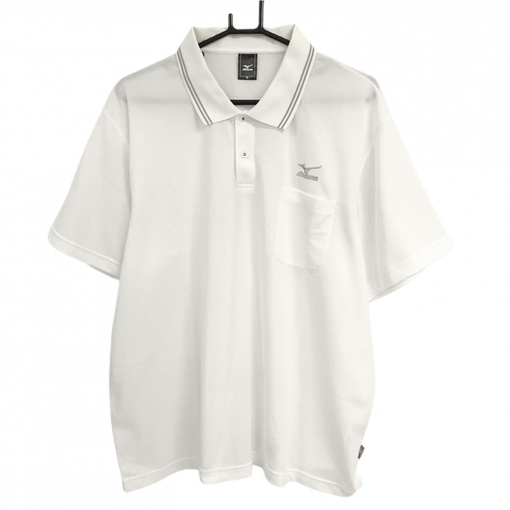 【美品】ミズノ 半袖ポロシャツ 白×グレー ロゴ刺しゅう 胸ポケット メンズ 3L ゴルフウェア MIZUNO